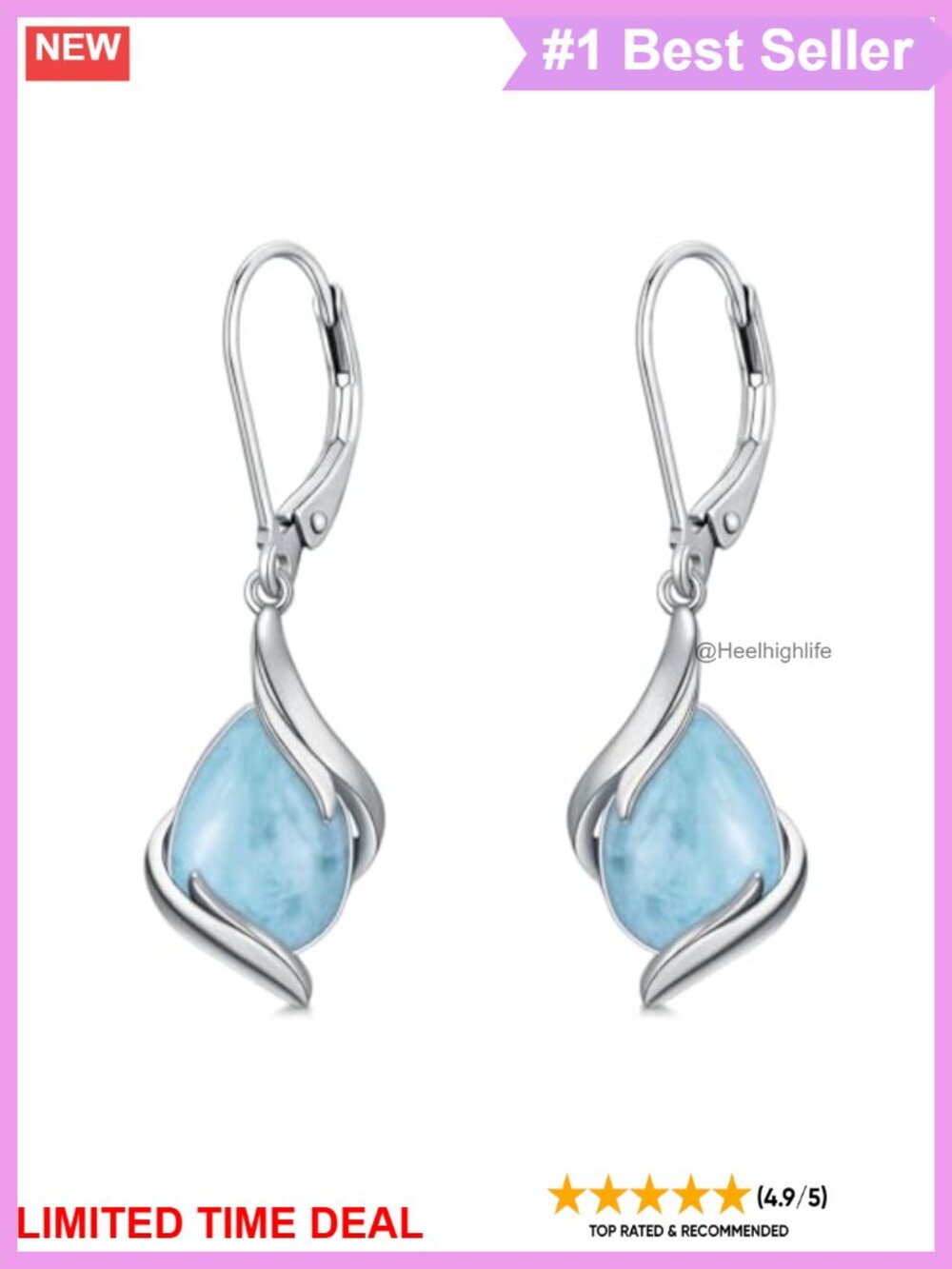 HPQQ Teardrop Earrings 925 Sterling Silver Larimar Dangle Lever Back